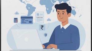 Indian NRI filing income tax return online for AY 2025-26 with India map and overseas connections in a professional illustration