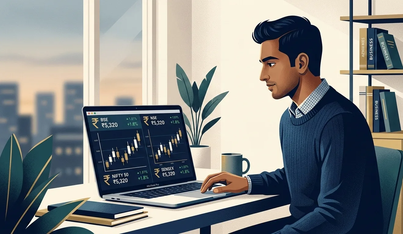 NRI investor analyzing Indian stock market portfolio on laptop in 2026
