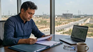NRI reviewing FEMA compliance documents for a Dholera property purchase